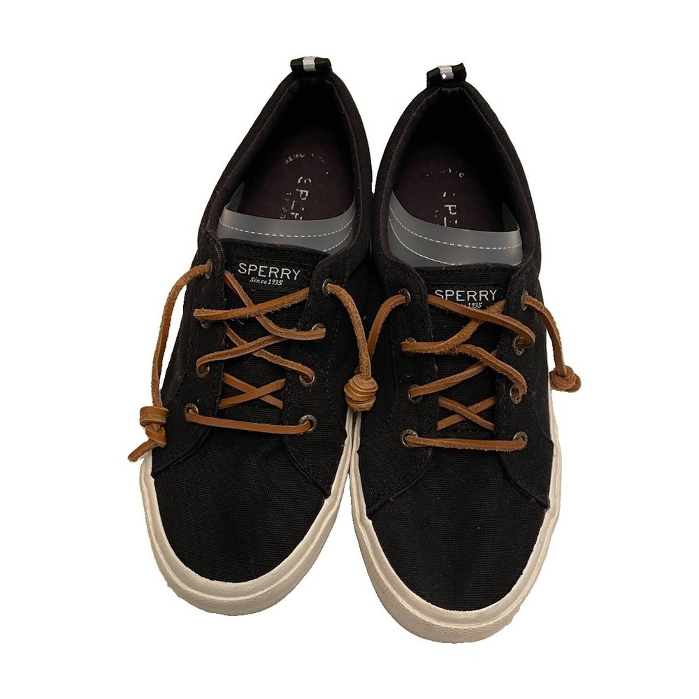 Sperry Pier Wave Sneakers Women's 8.5 Black Canvas Boat Shoes Leather Laces